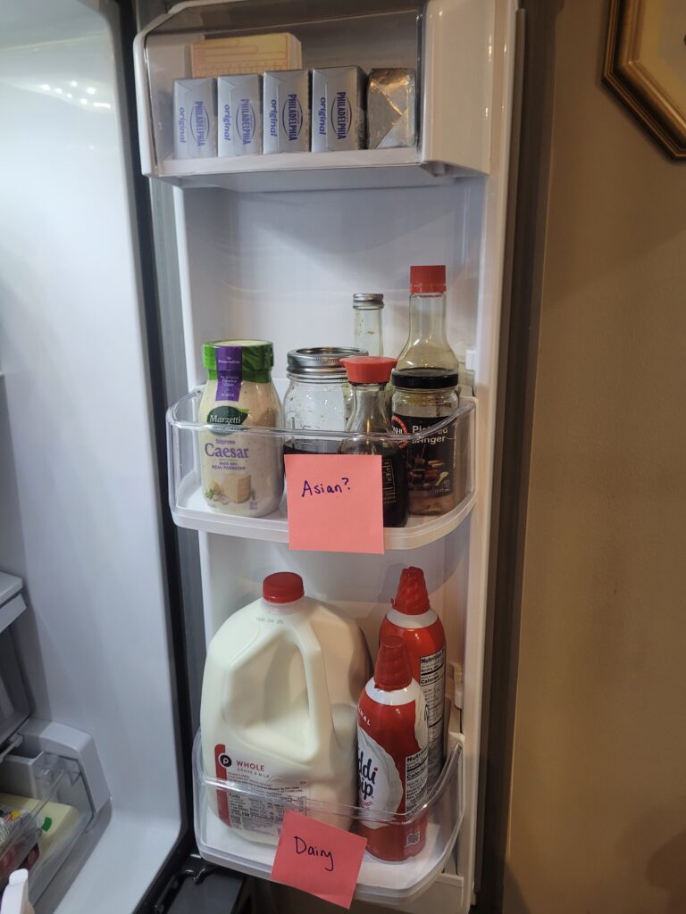 Refridgerator door with sticky notes to make possible groupings of food