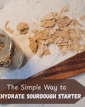 counter with dried starter, parchment paper, a jar and a wooden spatula