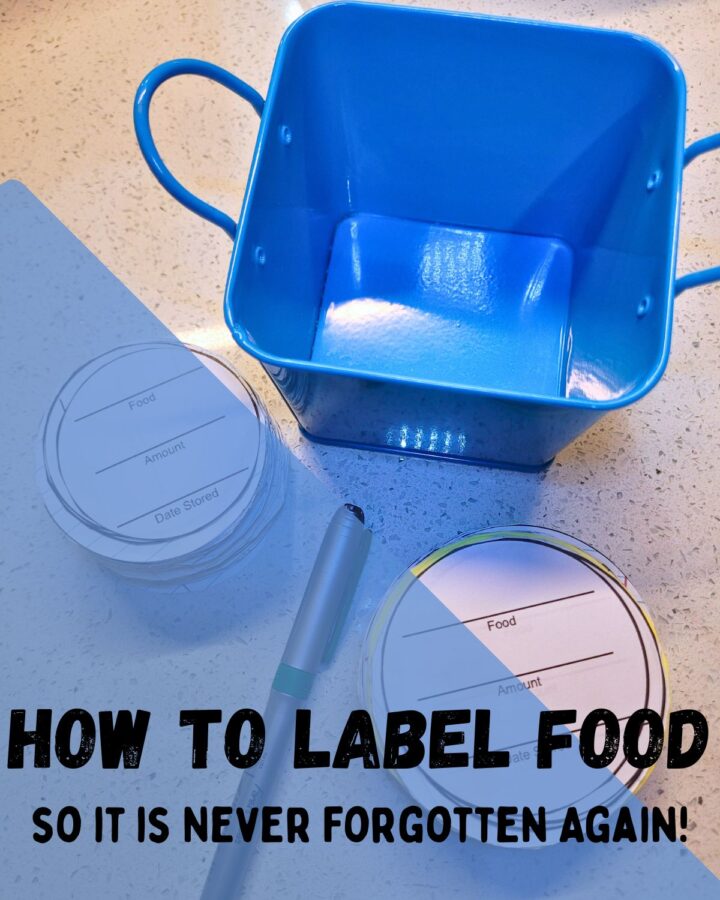 a bin and marker next to piles of labels for regular and wide mouth jars