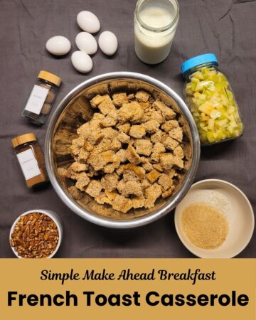 ingredients laid out for French toast casserole eggs, milk, apples, pecans, nutmeg, cinnamon, sugar, salt, and bread cubes