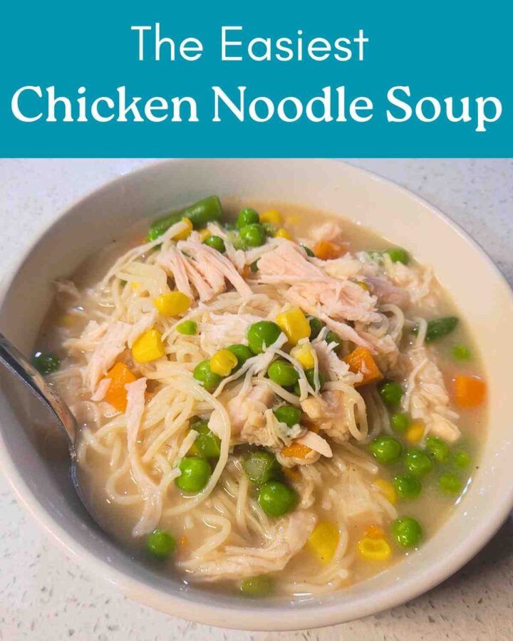 a bowl of chicken noodle soup with vegetables and a spoon