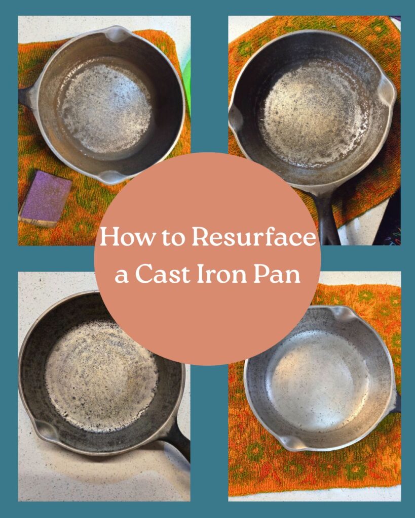 Featured Image - How to Resurface a Cast Iron Pan 4 pictures of a cast iron pan being sanded smooth