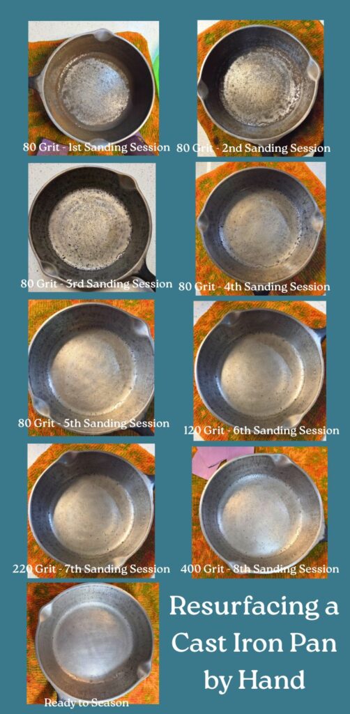 Sanding Sessions for Resurfaceing a Cast Iron Pan by Hand 9 pictures of a cast iron pan. in each picture the an is slowly turning silver instead of black.