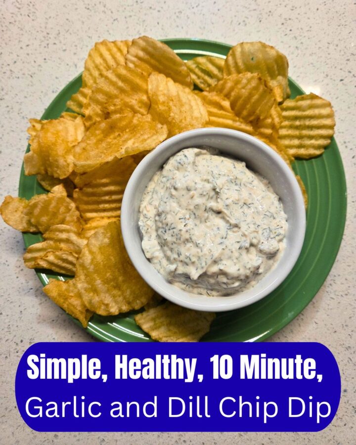 chips on a plate with a bowl of garlic and dill chip dip