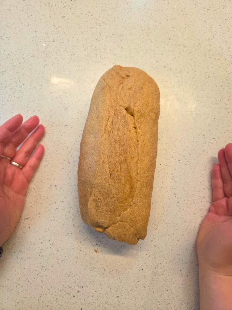 hands next to an upside down loaf of bread dough showing that the seams are mostly sealed