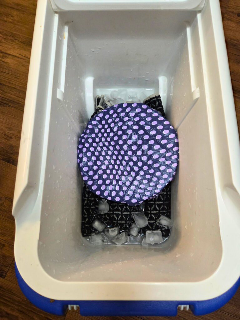 a cooler with a towel, ice cubes, water, and a covered bowl of dough