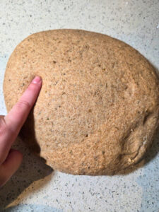 a ball of dough with a finger gently pushing into the left